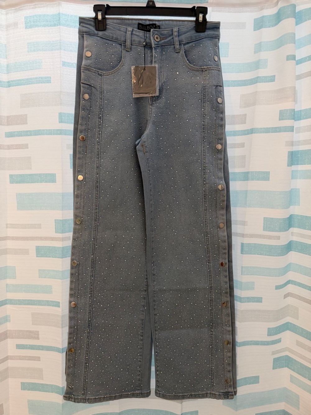 Women’s Light Blue Wide-Leg Jeans with Crystal Detail